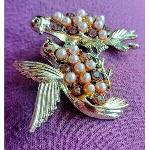 Lovebirds Song Vintage Brooch Rhinestone Brid Pin Gold Tone Costume Jewelry Pair